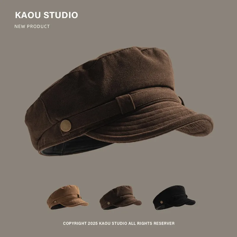 Japanese Solid Color Retro Suede Flat Top Painter Hat Autumn and Winter Men's and Women's British Casual Temperament Newsboy Cap