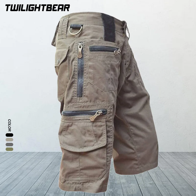 Summer Men's Calf Length Pants Oversized Male Cargo Pant Pure Cotton Multi Pocket Zipper Capri Pants Men Cropped Trousers A5F105