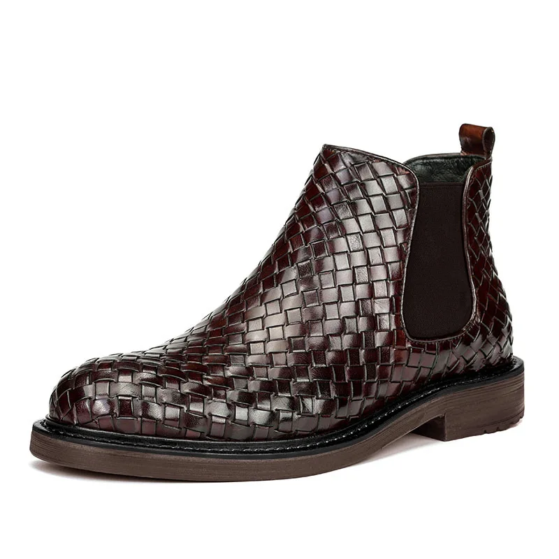 Men's boots woven pattern short boots British style men's shoes 2025 checkered Chelsea boots men's