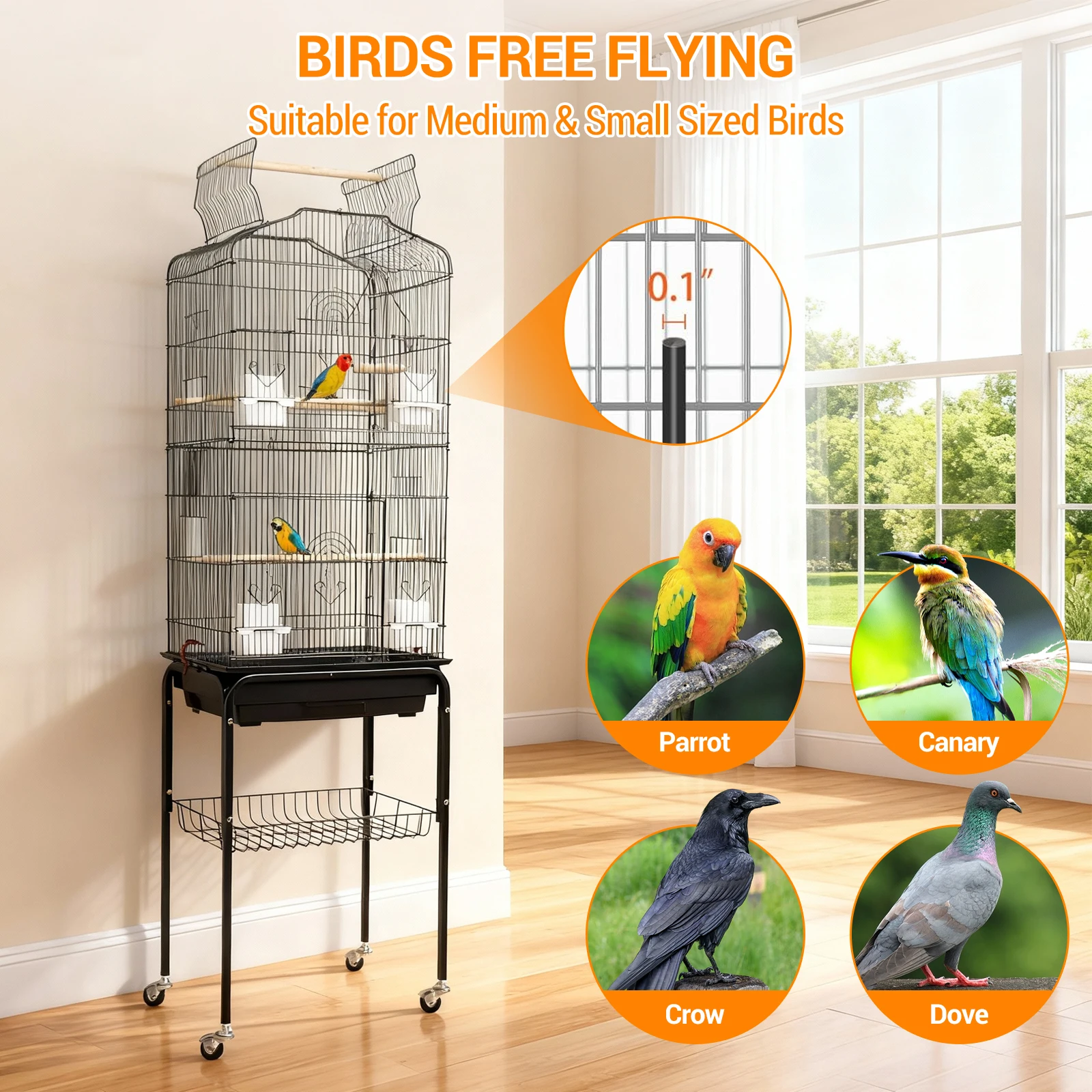 162cm Large Bird Cage with Open Play Rooftop Rolling Stand Slide-out Tray Storage Shelf for Parrot Budgies Finch Canary Parakeet