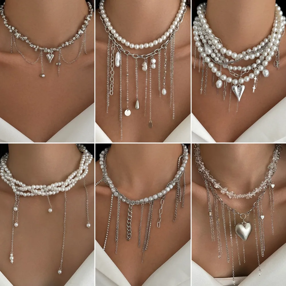 Retro Charm Baroque Imitation Pearl Multi-layer Choker Corss Heart-shaped Metal Chain Tassel Necklace for Women Designer Jewelry