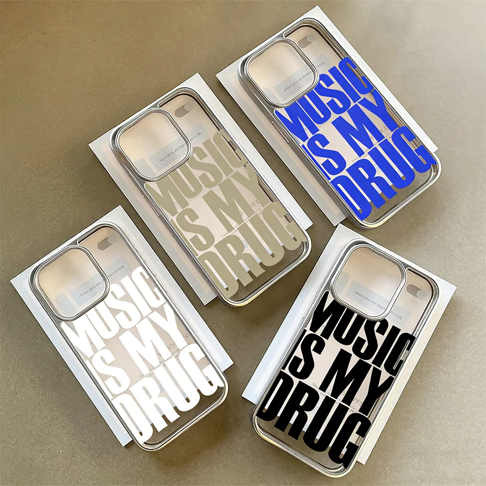 Music is My Drug Pattern Clear Case For iPhone 15 Pro Max Cases iPhone15 16 17 11 12 13 14 Plus XS XR Plating Shockproof Fundas