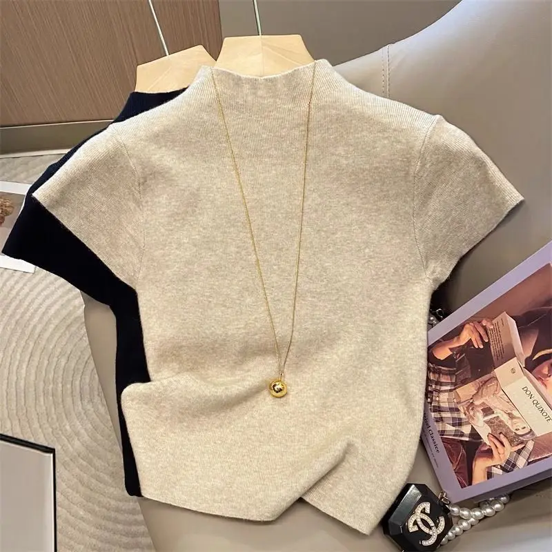 Basic Turtleneck Solid Thin Summer 2026 Pullover Women Female Knitted Sweater Slim Short Sleeve Bodycon Sweater