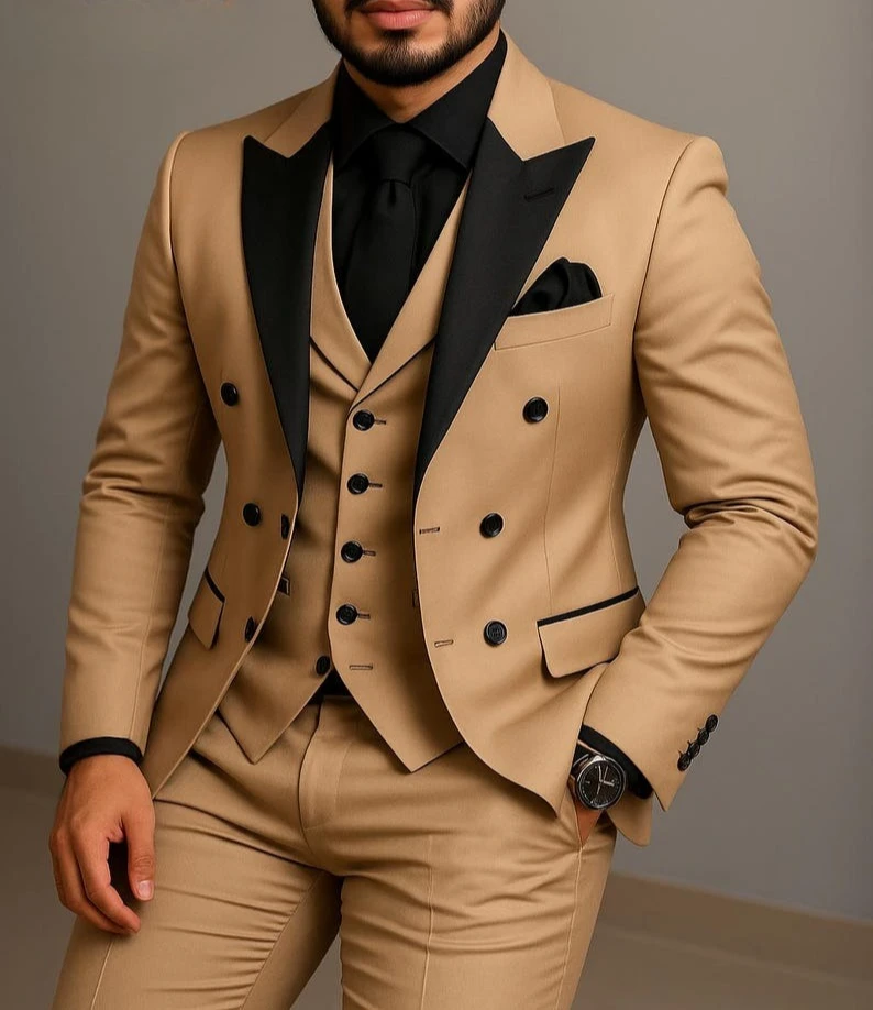 Beige Double Breasted Suit Black Lapel Slim Fit Wedding Suit