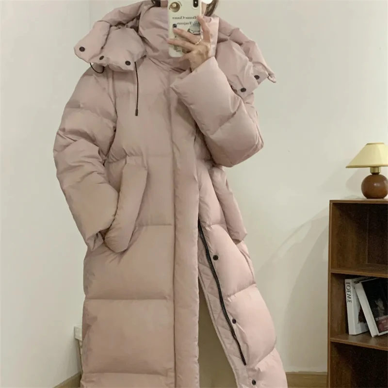 Winter Women Streetwear Thermal Solid Coat New Midi Parkas Loose Hoodies Long Sleeve Oversize Young Style All-match Down Jacket