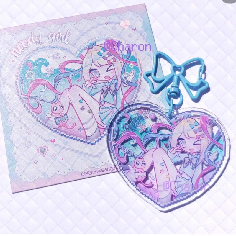 Game NEEDY GIRL OVERDOSE Rain Ame KAnge Cosplay Keychain Acrylic Heart Pendant Keyring Key Chain Bag Accessories Girls Ornament
