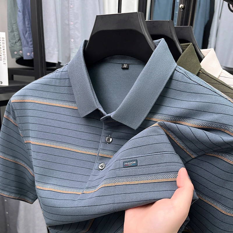 Fashion stripe short sleeve men polo shirt luxury brand letter embroidery pocket summer mercerized cotton breathable new T-shirt