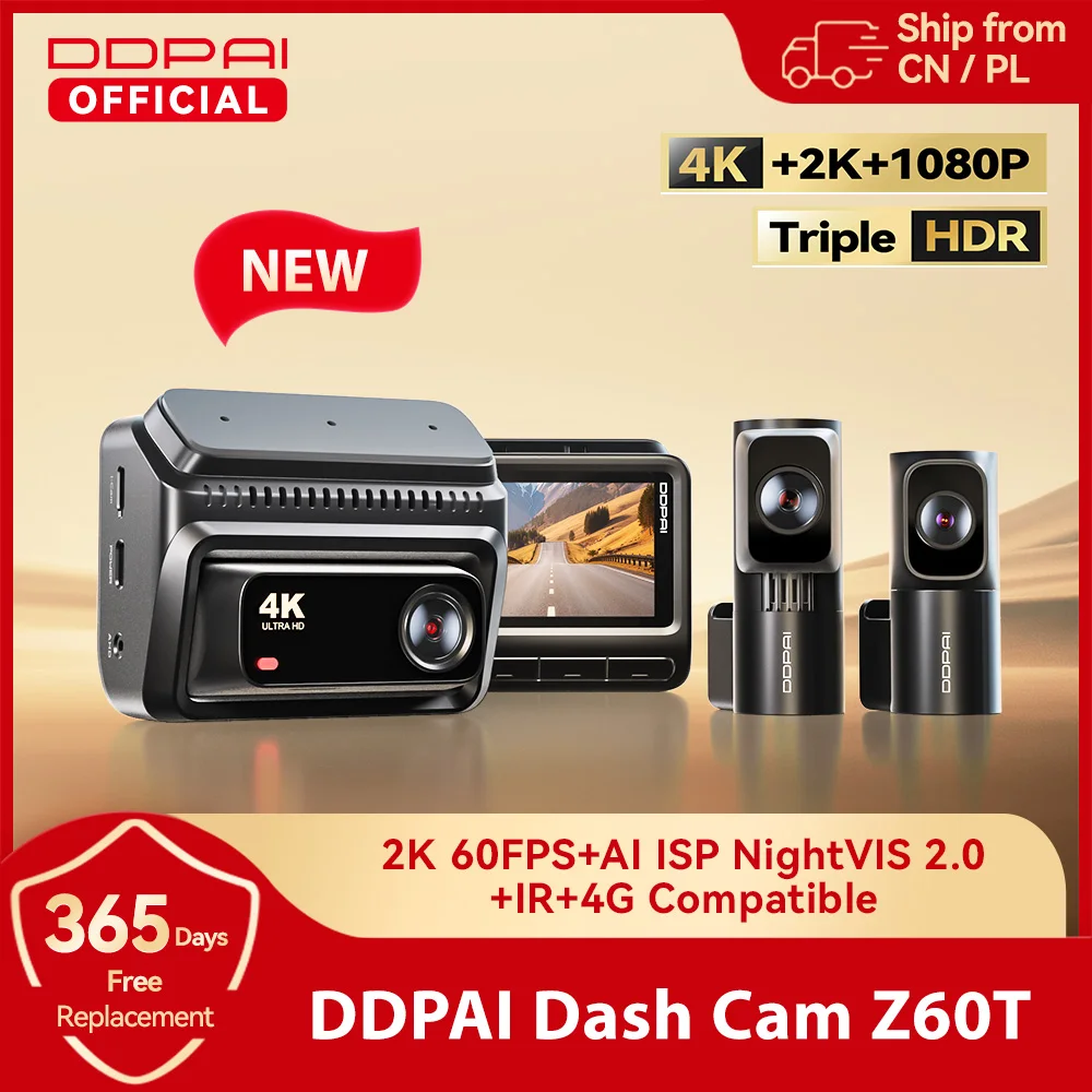 DDPAI Z60T Dash Cam 3-Channel HDR 4K+2K+1080P Front Rear Interior Night Vision 24H Parking Monitoring ADAS Dash Camera Car DVR