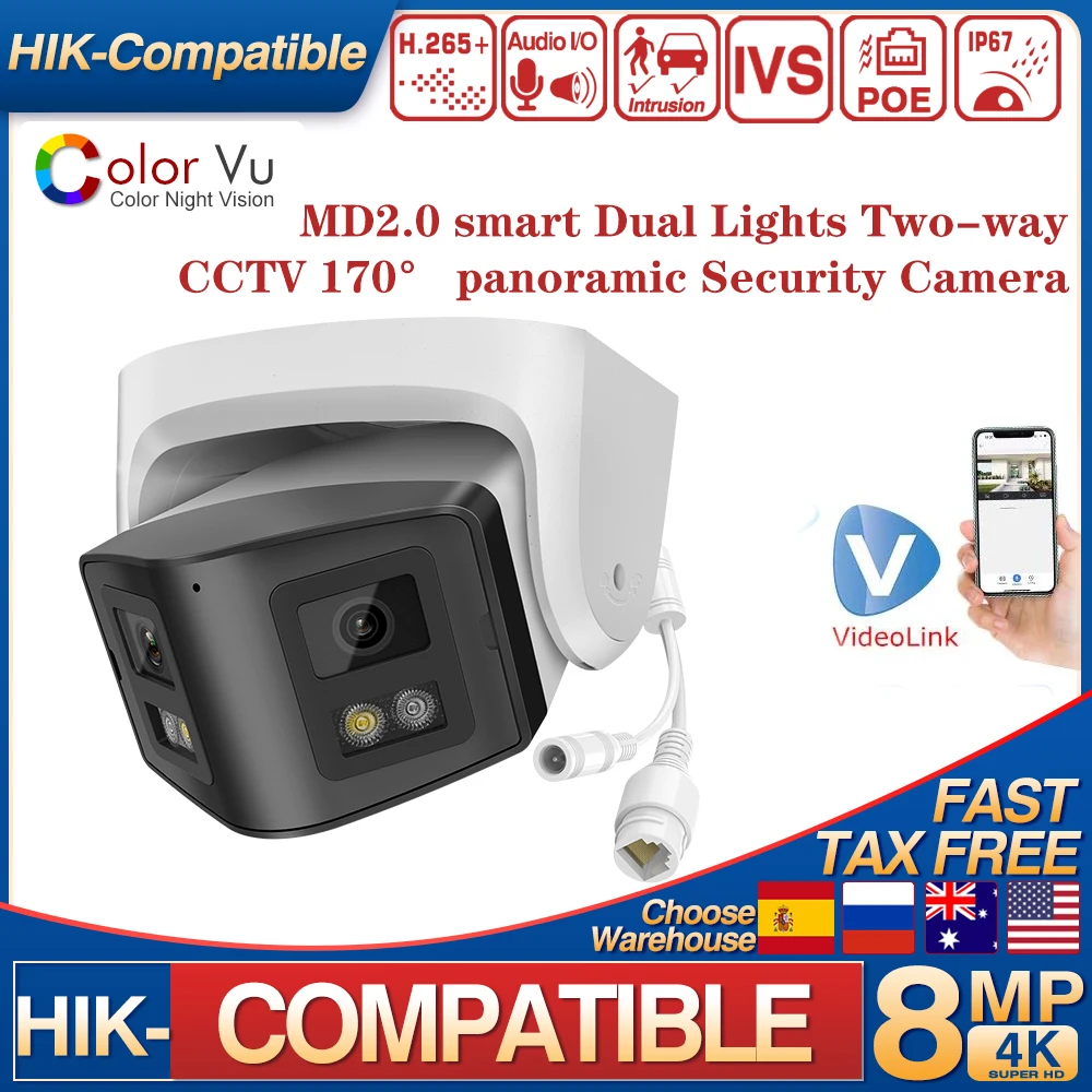 4K 8mp Dual 2.8mm lens 170° Panoramic IP Camera for Hikvision Compatible Motion Detection 2 way talk POE Security Camera CCTV