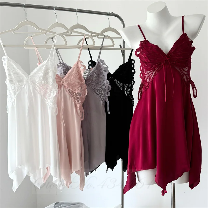 Female Spaghetti Strap Nightgown Intimate Lingerie Sexy Lace Mini Nightgdress Chemise Sleepwear Ackless Ice Silk Skirt Home Wear