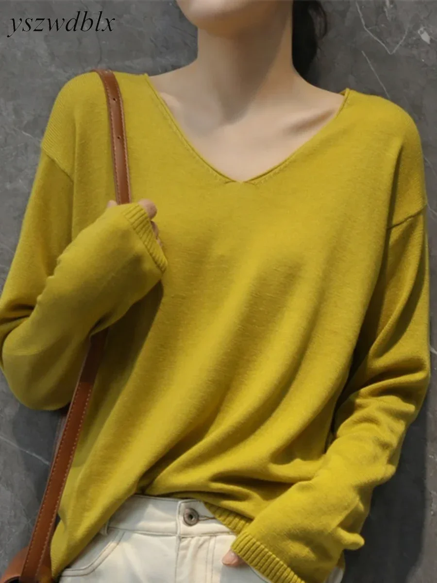 YSZWDBLX Womens Pullovers Sweater Solid Bottoming Shirt V-neck Knitwear Spring Autumn 2025 Basic Korean Sweater Jumpers