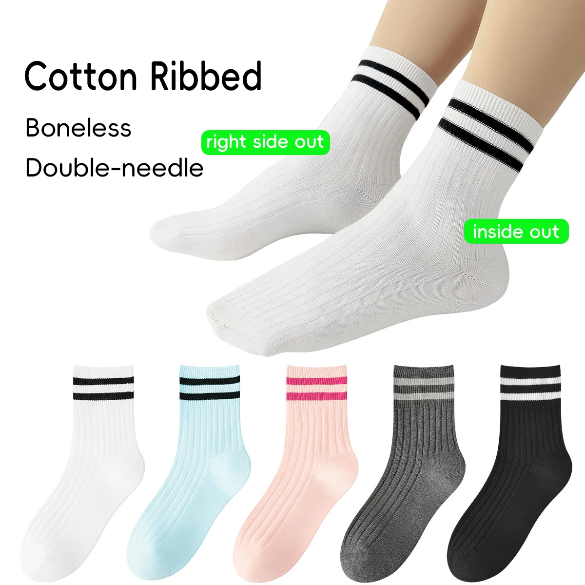 Kids Boys Girls Cotton Socks - Seamless Double Needle Ribbed 2-Stripe, Teens Students All Season School Home Sports Socks