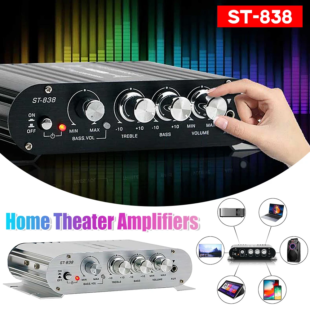 ST-838 Subwoofer Amplifier Bass and Treble Audio Amplifier HiFi 2.1 Channel Car Home Amp Adjustment 80W*2 Mini Media Player