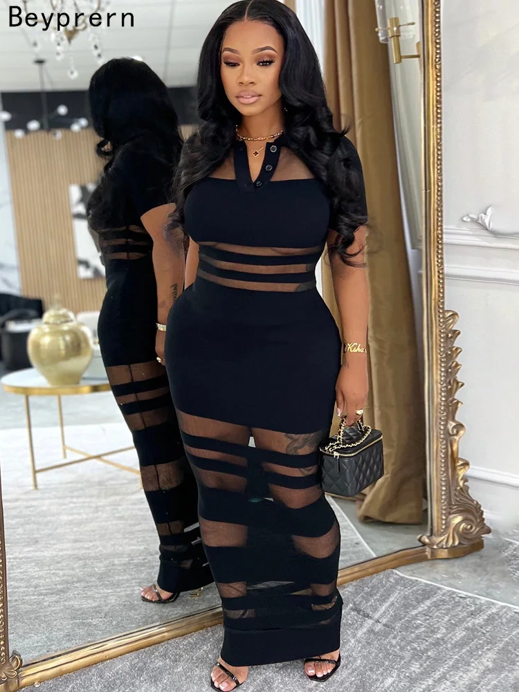 Beyprern Women's See-Through Striped Sheer Polo Maxi Dress Sexy Turn-Down Collars Caged Party Dresses Night Out Vestido Clubwear