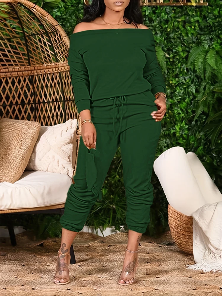 Plus Size 2025 Spring Summer New Women's Slant Shoulder Top and Skinny Pants Set Home Office Comfortable Versatile
