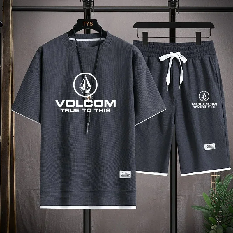 VOLCOM New Men's Waffle Sport T-shirt and Shorts Set Printed Casual Sportswear Fashion Short Sleeve T-shirt Summer Daily Outdoor