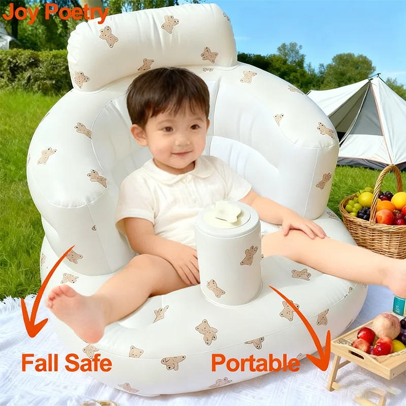 Bear Print Baby Inflatable Sofa Portable Multifunctional Children Puff Learning Seat Practice Sitting Bath Chair Fall Safe Stool