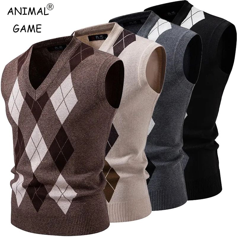 Autumn Men's Sleeveless V Neck Pullover Sweater Slim Fit Argyle Sweater Vest Knitwear Casual Pullovers Outdoor Streetwear