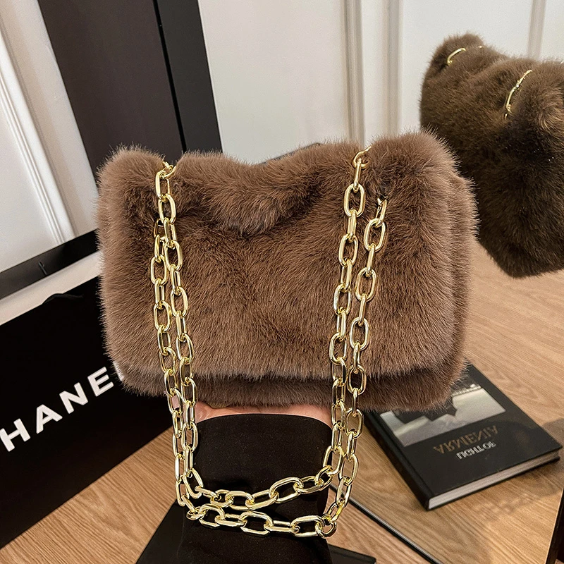 Fashion Soft Plush Shoulder Bag for Women Designer Fluffy Faux Fur Lady Handbags Luxury Chain Clutch Bag Female Winter Purses