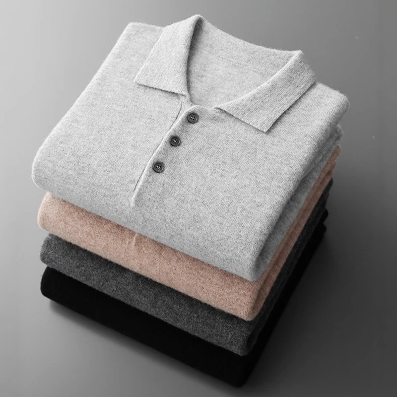 Luxury Men Cashmere Sweater 100% Merino Wool Buttoned Pullover Autumn Winter Polo Collar Knitwear Male Casual Warm Jumper Tops