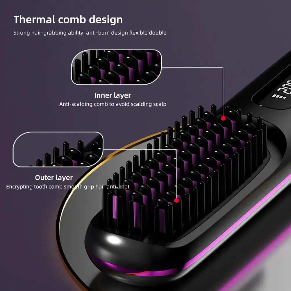 Adjustable Temperature Hair Brush Cordless Hair Straightener Brush with Fast Heating Negative Ions for Fluffy Curly for Electric