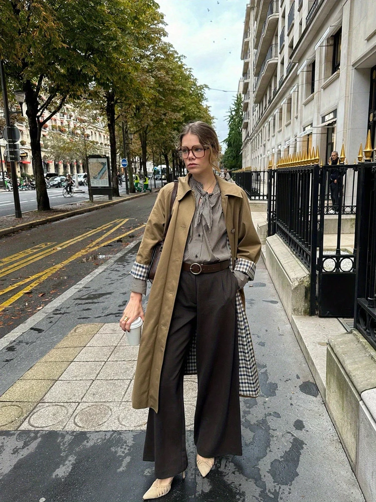 Autumn/Winter Fashion Outerwear Women's Check Print Front-Buttoned Casual Long-Sleeved Mid-Length Trench Coat 2025 New Arrival