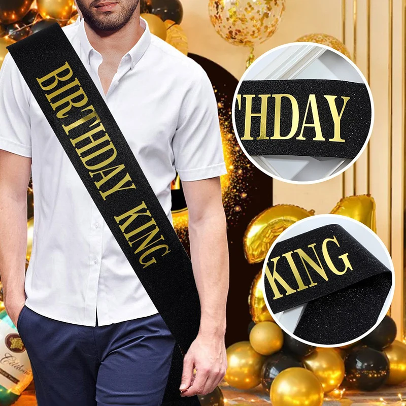 Black Gold Birthday King Sash for Men Boy Happy 16th 18th 20th 30th 40th 50th 60th Birthday Party Decoration Supplies Favor Gift