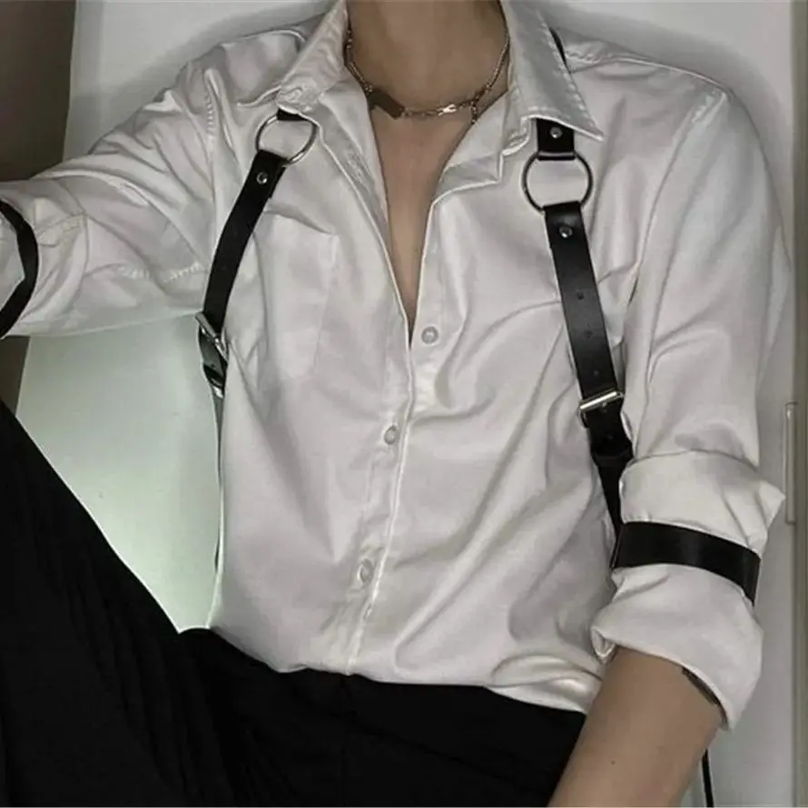 UYEE Cool Rock Men's Belt PU Leather Harness Strap Costume Sexy Shoulder Belt Body Chest Chain Metal Ring Y2k Accessories