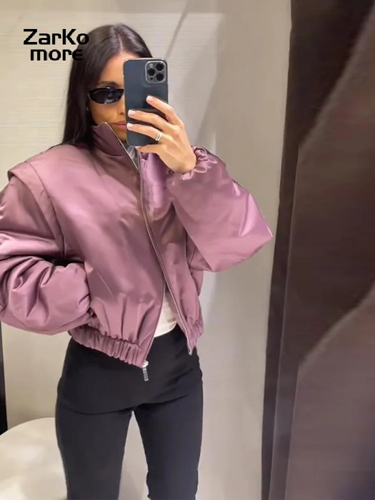 Fashion Y2K Satin Bomber Jacket Women Mauve Puff Sleeve Cropped Zip Up Casual Outerwear 2026 Spring Lady Chic Street Coats New