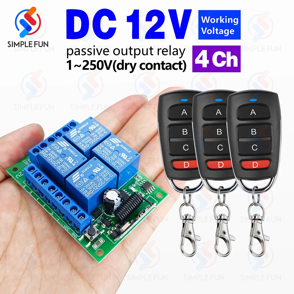 433Mhz Universal Wireless Remote Control Light Switch DC 12V 4CH RF Relay Receiver 60m Range for Light/Garage Door/LED DIY