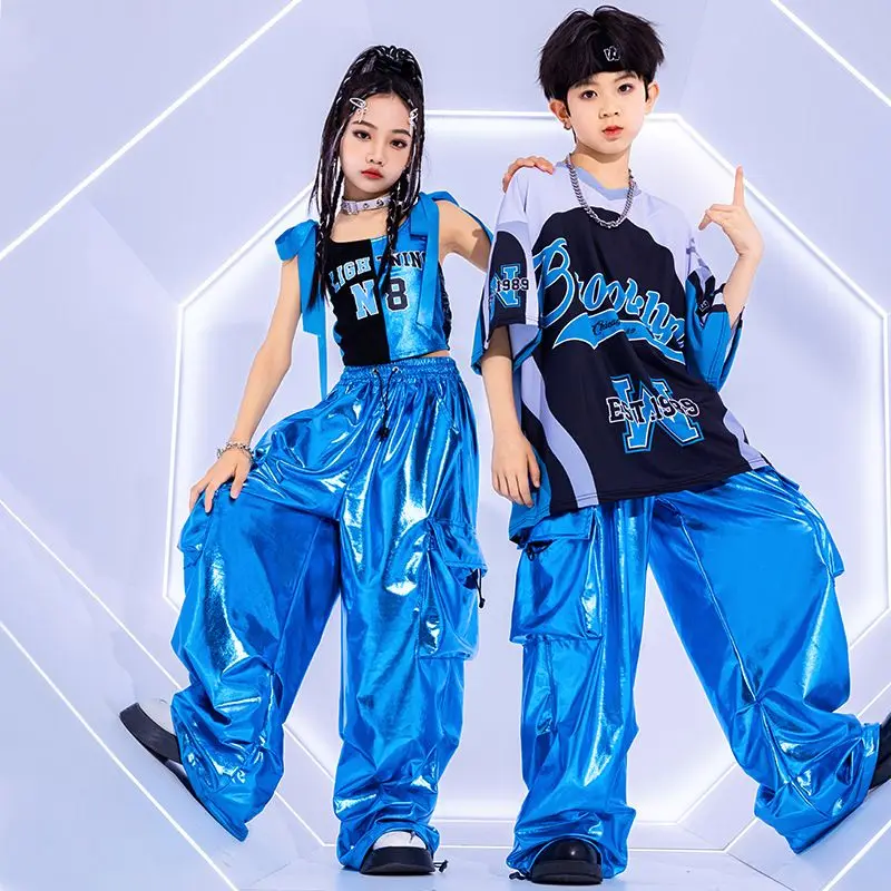Cool Bright Blue Street Dance Costume Kids Jazz Fashion Clothes Boys Girls Hip Hop Oversize Tops Pants Runways Show Outfit