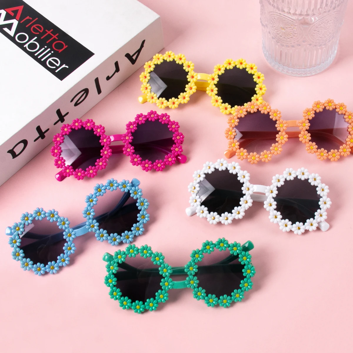 6/1pcs Flower Shaped Sunglasses Round Frame Glasses Cute Daisy Sunglasses for Girls Children summer beach Birthday Outdoor Party