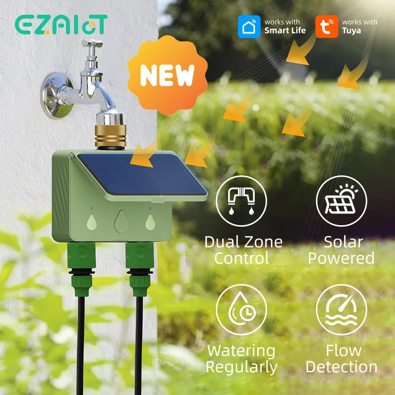 Garden WiFi Water Timer 2 Zones Solar Power Smart Tuya Automatic Irrigation Watering System Sprinkler Hose Drip Watering Tool