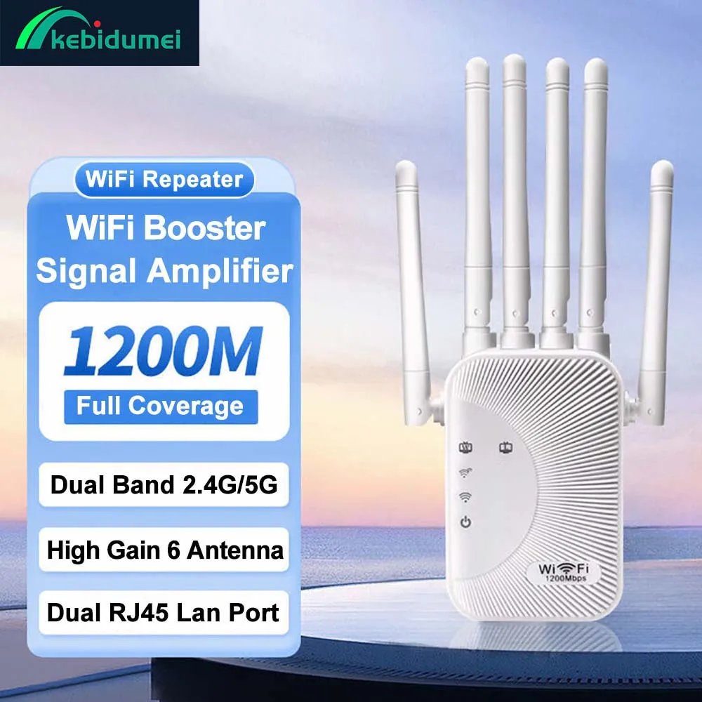 Kebidumei 1200Mbps WiFi Repeater 2.4G 5G Amplifier Home Office Network Range Extender WiFi Signal Booster Wireless Wi-Fi Router