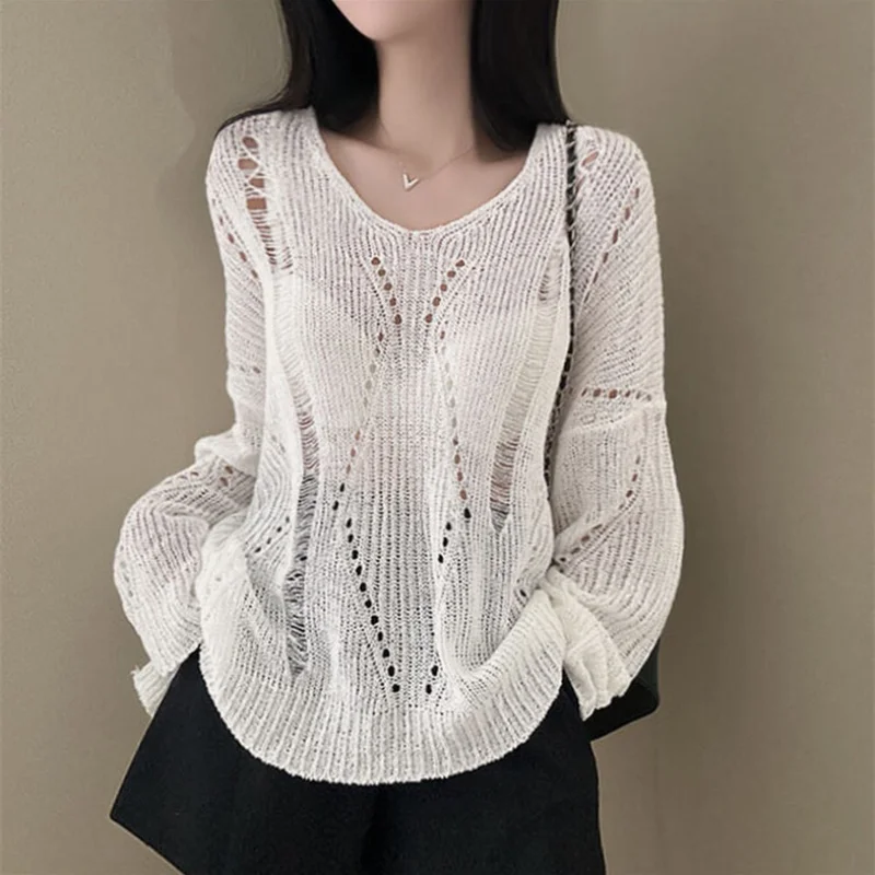 Loose V-Ne Knitted Long Sve Hollow out Top Women's Faion Lazy Sle Single Color Spring Summer New Arrival