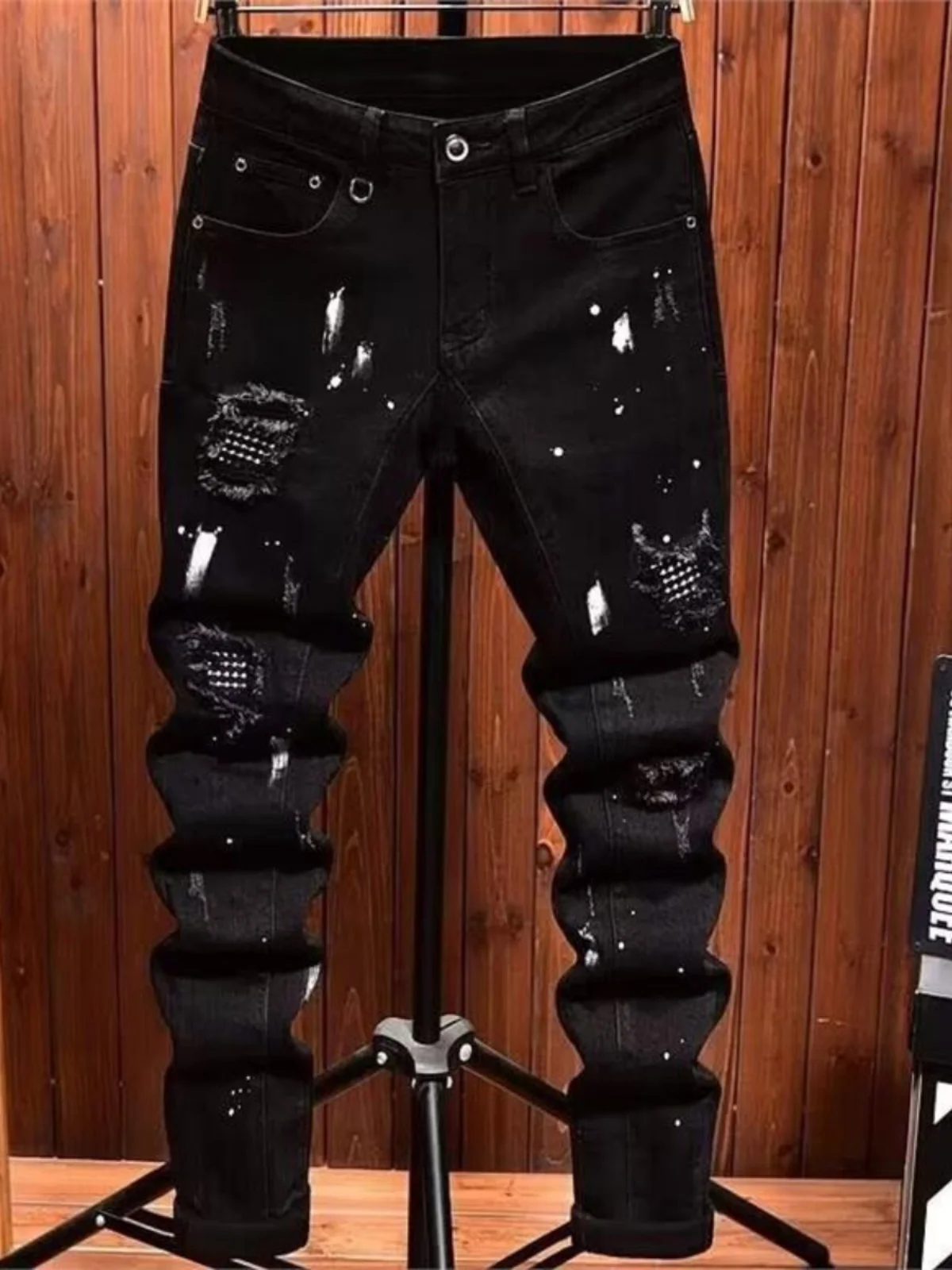 Trendy Lightweight Luxury Men's Denim Jeans Bla Patch Elastic Slim Fit Youthful Long Pants Tear Design Straight Leg Jeans