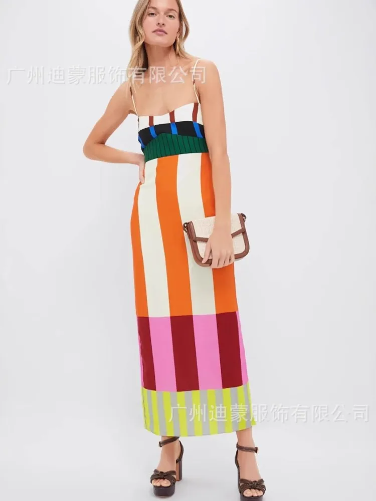 Elegant High Waist 2025 Party Long Dress Fashion Casual New Striped Colorful Women Sexy Spaghetti Strap Bohemian Mixi Dresses