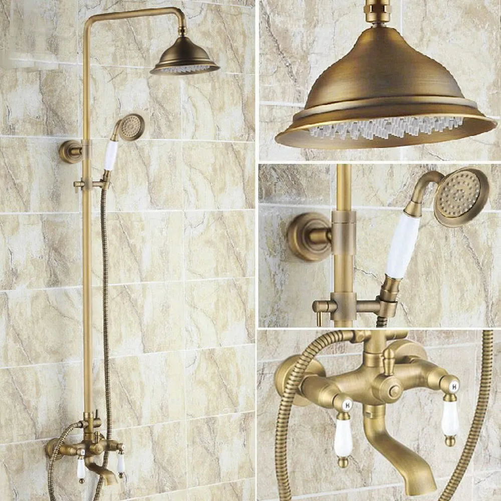 Vintage Retro Antique Brass Dual Ceramic Handles Bathroom 8 Inch Round Rain Shower Faucet Set Tub Mixer Tap Hand Shower mrs144