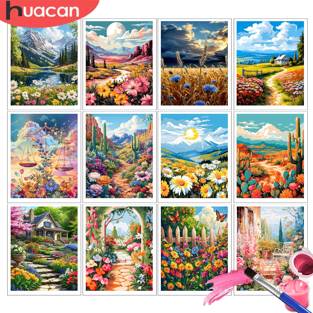 HUACAN Painting By Numbers Mountain Landscape 5D Diy Gift Decorative Coloring Picture Rose Flower Field Personalized Gifts