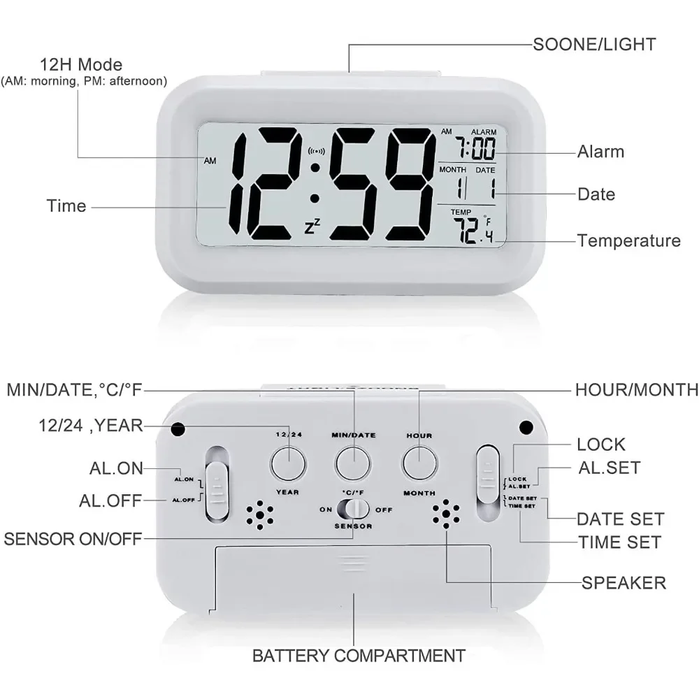 Digital LED Alarm Clock Electronic Digital Alarm Backlight Snooze Calendar Clock Screen Desktop Table Clocks for Home Office
