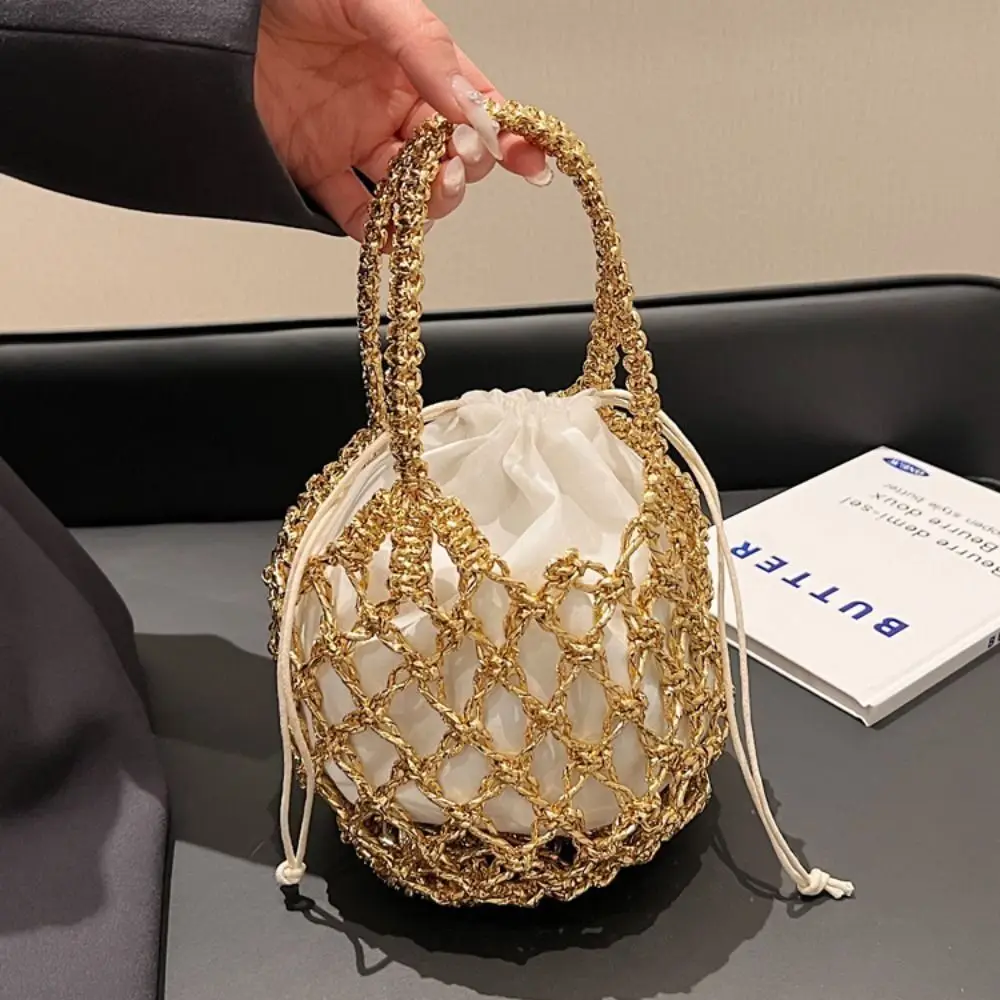 Fashion Luxury Women Woven Handbag Large Capacity Storage Bag Drawstring Bag Portable Woven Bag Weave Bucket Bag For Girls