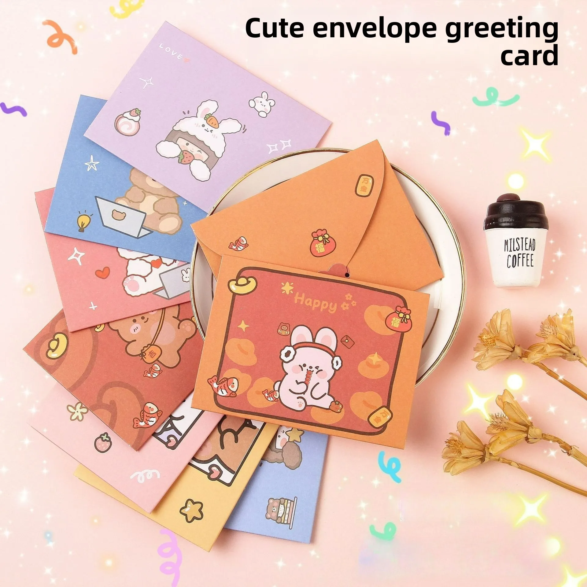 Ins Cute Cartoon Greeting Card Blessing Thank Envelope Postcard Letter Paper Foldable Beautiful Greeting Card New Year Gift
