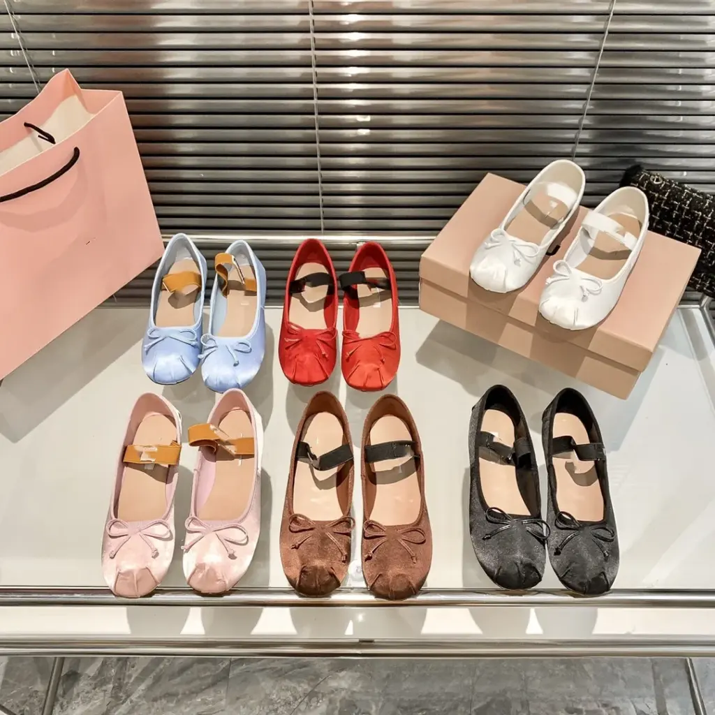 Miu Home Satin Mary Jane Ballet Flats Retro round Toe Bow Tie French Flat Heel Women's Single Shoes Candy Color Princess Style