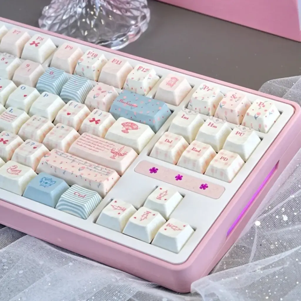 Rococo Keycap Set PBT Cherry 129 Key Girl Keyboard Keychain Compatible with 61/75/87/104/108 Mechanical Keyboards