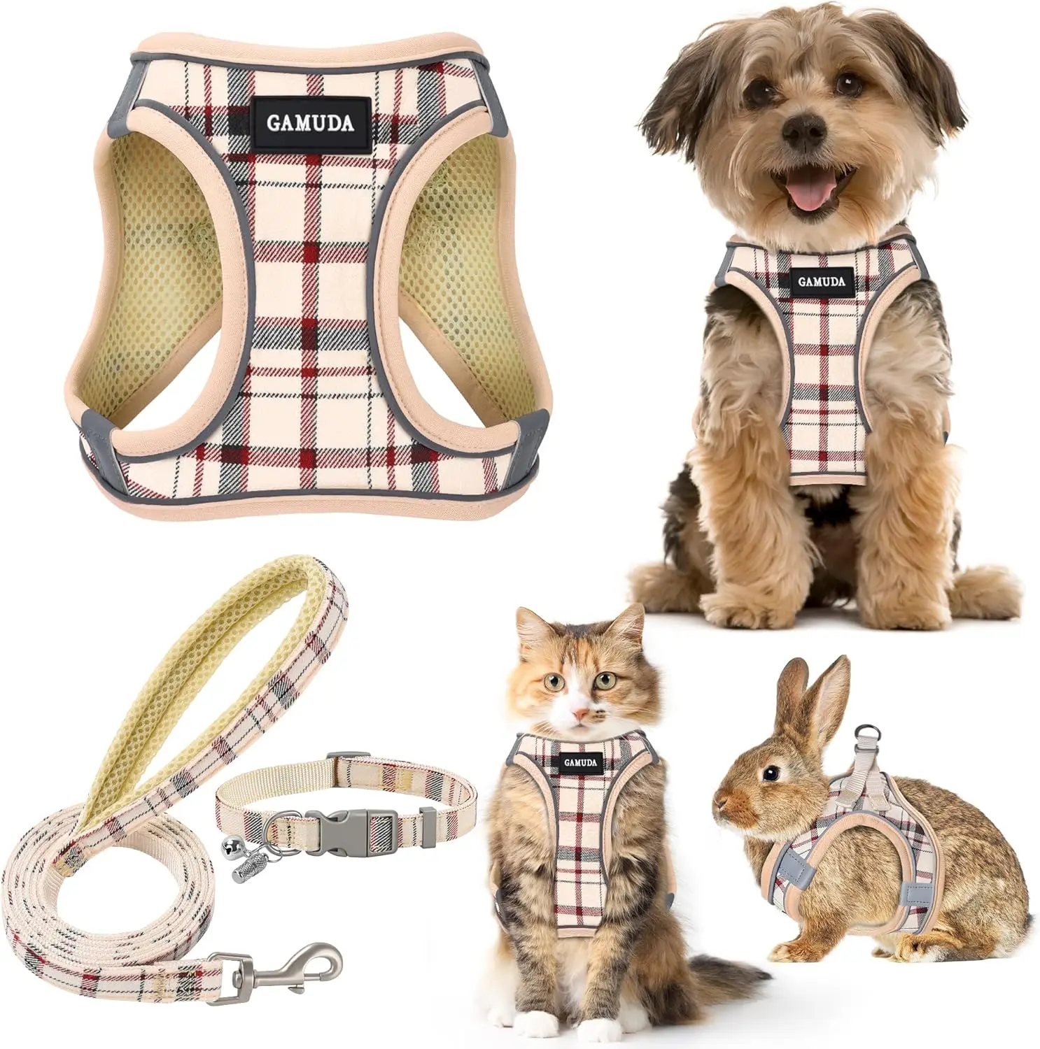 Small Dog Harness Collar Leash Set, Step-in No Pull Adjustable Mesh Vest with Reflective Plaid for Puppy Cat Rabbit (Beige, S)