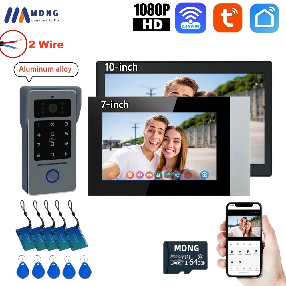 2 Wire Video Doorphone1080P Tuya Smart Wifi 7" Touch Screen Password Keybords Card Outdoor Videophone Intercom System for Home