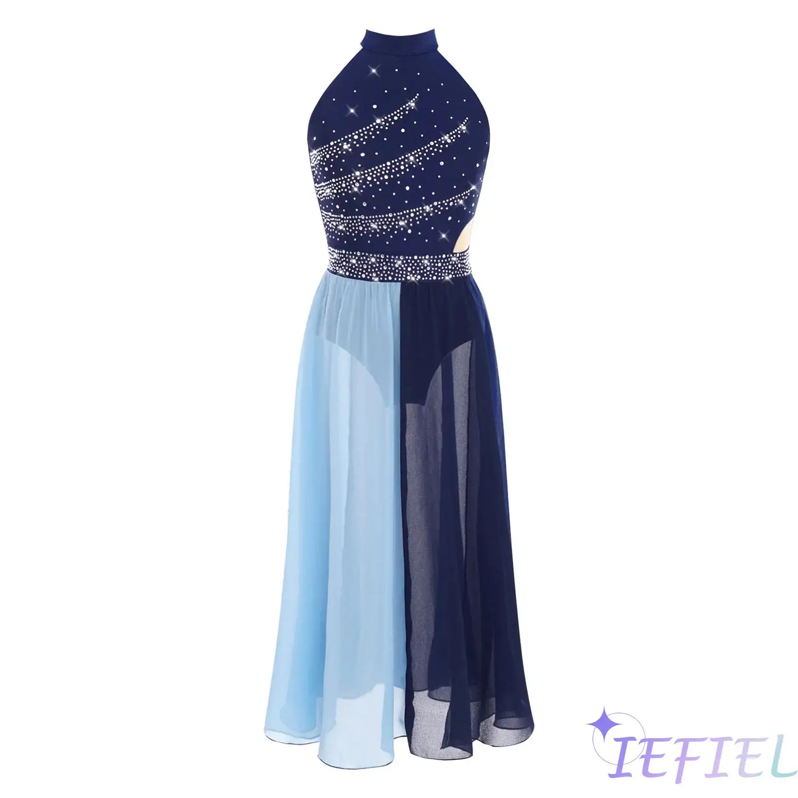 Kids Girls Modern Lyrical Dance Costume Mock Neck Sleeveless Shiny Rhinestones Side Split Chiffon Dress Ballet Latin Dancewear