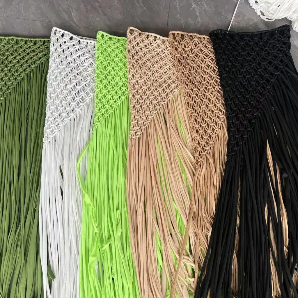 Beachapche Hand Crochet Tassel Skirts Women Fashion Sexy Side High Knitted Beach Cover Ups