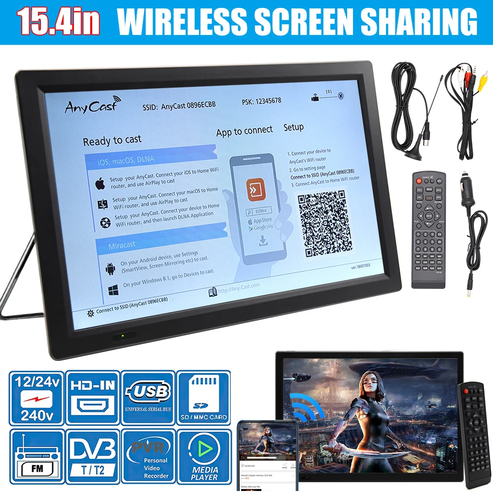 15.4" Portable Car TV Digital Television DVB-T2 ATSC ISDB-T Digital Analog TV Wireless Screen Share Miracast HDMI Video Player