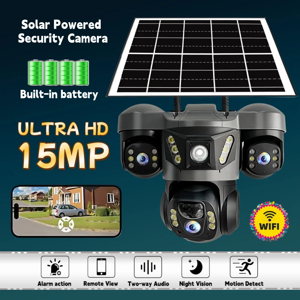 V380Pro WiFi Solar Camera Outdoor 15MP Triple Lens Triple Screen Security Video Monitor Night Vision Waterproof CCTV IP Camera